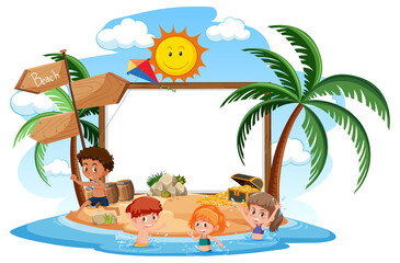 Empty banner template with kids character on summer vacation at the beach on white background