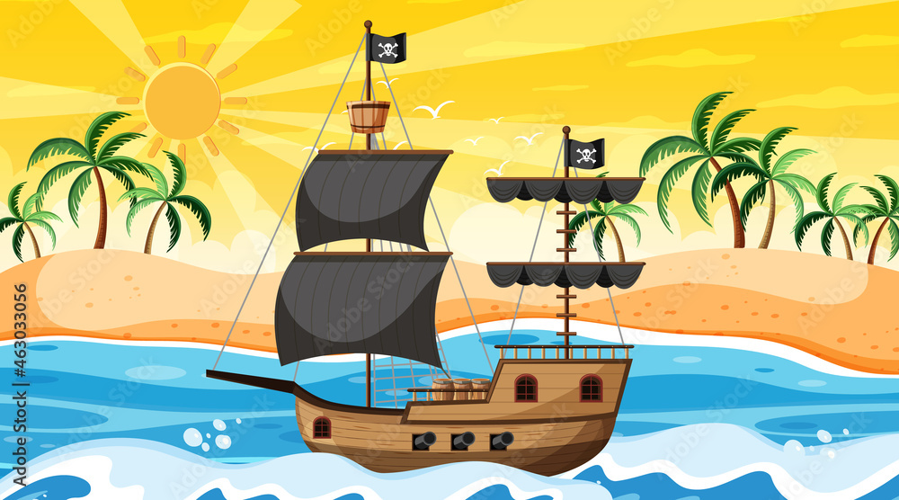 Wall mural ocean with pirate ship at sunset time scene in cartoon style