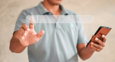 Hand man using smartpone Searching Browsing Internet of things.