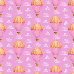 Pink hot air balloon watercolor seamless pattern, Air Transport