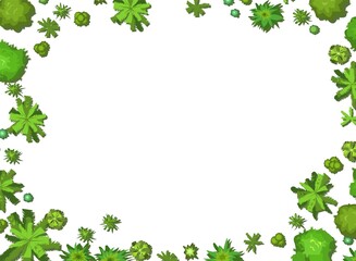 Glade in the forest. Frame with place for text. Trees and shrubs. View from above. Plant landscape. Top view. Height. Illustration in cartoon style. Isolated on white background Vector