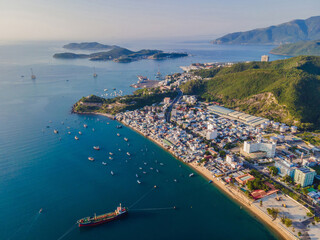 Aerial view over Nha Trang city, Vietnam taken from drone