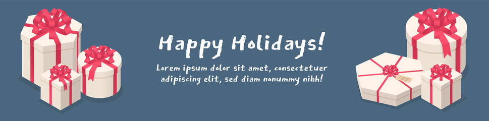 Happy Holidays horizontal web banner template. Decorative greeting gift boxes isolated on dark blue background. Merry Christmas and Happy New Year concept banner. Flat vector isometric 3d banner.