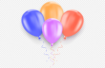 Realistic flying balloon, in colorful red, blue, orange and pink colors. Balloons for birthday, parties, weddings, holidays, events. Isolated on transparent background