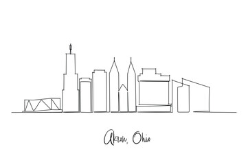 Single continuous line drawing Akron city skyline, Ohio. Famous city scraper landscape. World travel home wall decor art poster print concept. Modern one line draw design graphic vector illustration