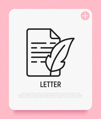 Fototapeta na wymiar Letter with feather thin line icon. Modern vector illustration of retro style communication.
