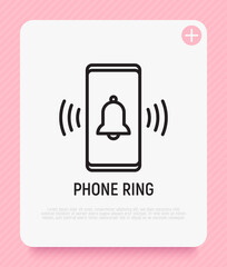 Phone ring, bell ringing on mobile screen thin line icon. Modern vector illustration.