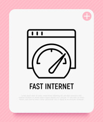 Fast internet thin line icon, speedometer on web page. Modern vector illustration.