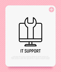 IT support thin line icon, wrench on screen. Modern vector illustration for technical repair.