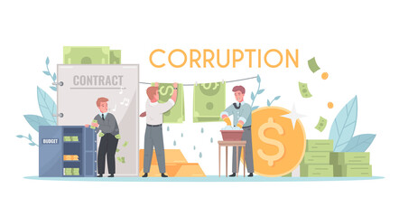 Corruption Money Laundering Cartoon Composition - obrazy, fototapety, plakaty