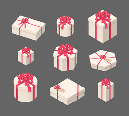 Isometric 3D gift boxes isolated on grey background. Holiday birthday presents boxes, Valentine surprise boxes. White wrapping paper package with red satin silk ribbons. Isometric 3d vector icon set.