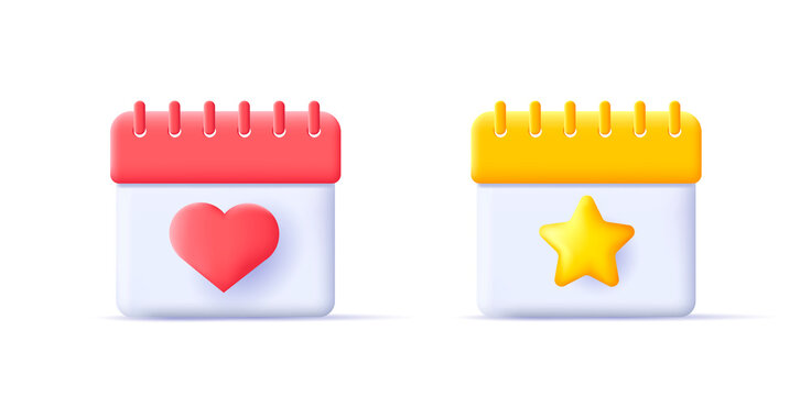 3d calendar icons with heart and star shapes in red and yellow colors, render graphic style
