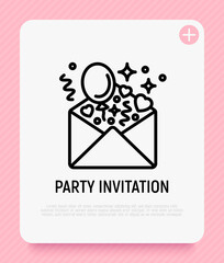 Party invitation, envelope with balloons and hearts thin line icon. Modern vector illustration.