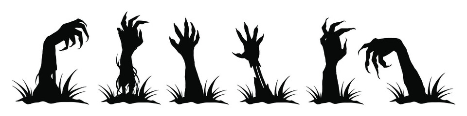 Set of Zombie hands black silhouette. A zombie hand crawls out of the ground. Scary hands suitable for Halloween. Vector illustration isolated on white background. EPS 10