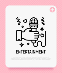 Entertainment: hand with microphone thin line icon. Karaoke, interview, singer symbol. Modern vector illustration.