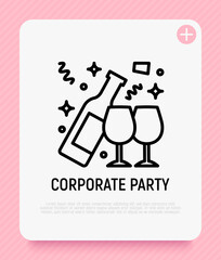 Open bottle of champagne and two glasses thin line icon. Alcohol. Vector illustration.