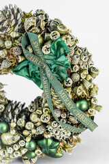 Christmas table composition. Beautiful decoration. Christmas trees, candles, stars, lights and elegant accessories. Merry Christmas and Happy Holidays, Template.