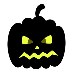 Pumpkin. Angry facial expression. Silhouette. Vector illustration. Isolated white background. Dark shadow. Halloween symbol. An ominous grimace. Jack-lantern. Glows from the inside. 