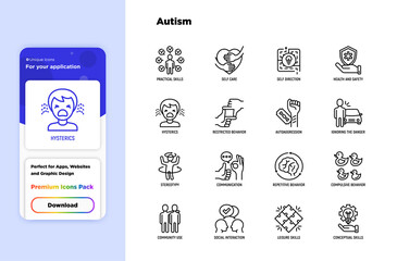 Autism symptoms and adaptive skills thin line icons set: repetitive behavior, stereotypy, ignoring of danger, autoaggression, hysterics, communication, social interaction. Modern vector illustration.