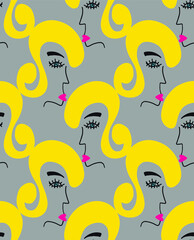 Fototapeta premium Abstract Hand Drawing Woman Faces with Curly Hair Cartoon Seamless Vector Pattern Isolated Background