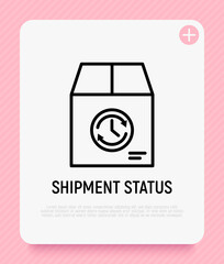 Shipment status thin line icon, package with clock. Modern vector illustration for delivery service.