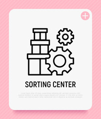 Sorting center thin line icon, stack of parcels with cogwheels. Modern vector illustration for delivery service.