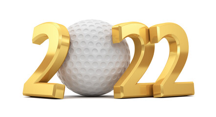 White golf ball and golden numbers 2022 on a white background. 3d render illustration.