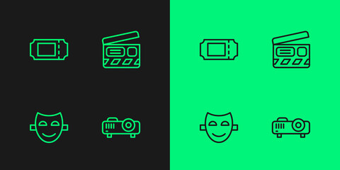 Set line Movie, film, media projector, Comedy theatrical mask, Cinema ticket and clapper icon. Vector