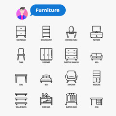 Furniture thin line icons set. Dressing table, sofa, armchair, wardrobe, chair, table, bookcase, bed, clothes rack, desk, wall shelves. Elements of interior. Vector illustration.