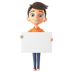 Cartoon character boy in orange sweatshirt holding a blank white board. 3d render illustration.
