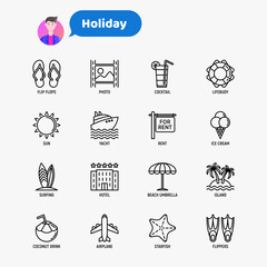 Holiday thin line icons set. Vacation, travelling, yacht, ice cream, surfing, hotel, beach umbrella, island, coconut drink, airplane, starfish, photo, lifebuoy. Modern vector illustration.