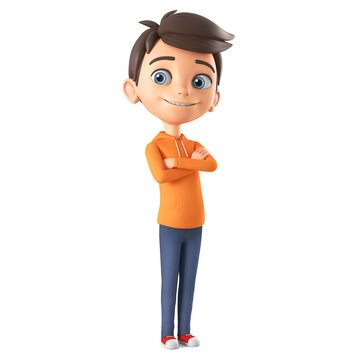 Cartoon character boy in orange sweatshirt folded his arms over his chest. 3d render illustration.