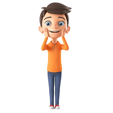 Cartoon character boy in orange sweatshirt happy to be surprised. 3d render illustration.