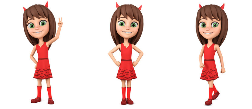 Girl in a devil costume on a white background. 3d render illustration. Halloween holiday.