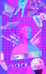 Contemporary minimal collage kit wallpaper. Antique statue Male. Back in 90s party stuff. Gaming,...