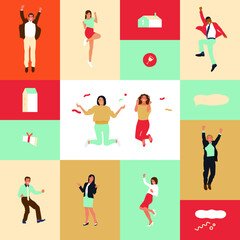 Happy Business Employee People Jumping in the Air Cheerfully on Colorful Background. Modern Flat Vector Illustration. Feeling and Emotion Social Media Concept.