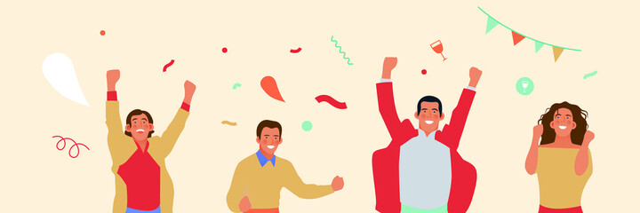 Happy Business Employee People Jumping in the Air Cheerfully on Colorful Background. Modern Flat Vector Illustration. Feeling and Emotion Social Media Concept.