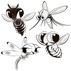 Set of four cartoon monochrome flying insects with eyes. Mosquito, fly, dragonfly, bee. Black and white.