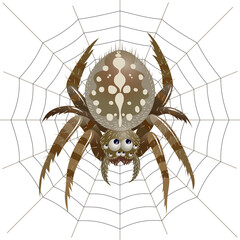 Illustration of cartoon brown spider with eight eyes and web over white background.