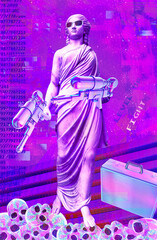 Contemporary minimal collage kit wallpaper. Antique statue Male in purple mafia space. Back in 80,...