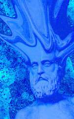 Contemporary minimal collage wallpaper. Antique statue Male in blue frozen space. Back in 80, 90s party vibes. Retro Zine and vapor wave stylish design