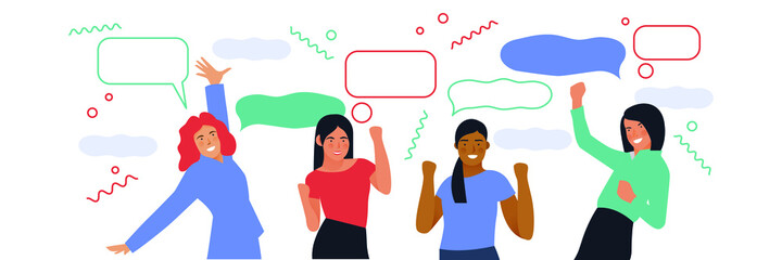 Set of Happy Business Employee People Jumping in the Air Cheerfully with Chat Bubbles on the Background. Modern Flat Vector Illustration. Feeling and Emotion Social Media Concept.