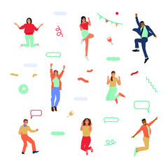 Happy Business Employee People Jumping in the Air Cheerfully. Modern Flat Vector Illustration. Feeling and Emotion Social Media Concept.