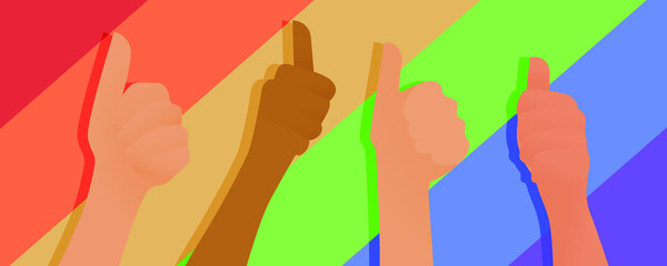 Many Thumbs of Different Race Pointing Up on Colorful Background. LGBT Social Media Template.