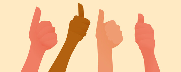 Many Thumbs of Different Race Pointing Up on Light Background. Social Media Template.