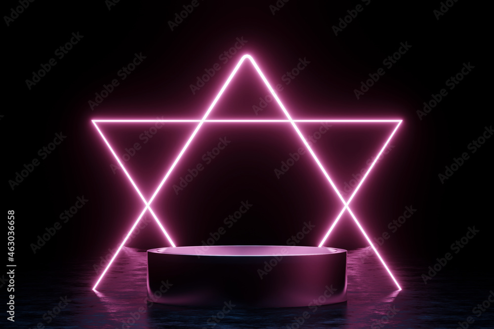 Poster 3d rendering empty cylinder podium on dark background with neon magenta light.