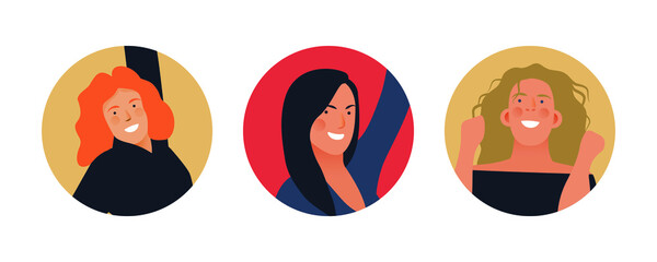 Happy Business Employee People Badges on Colorful Background. Modern Flat Vector Illustration. Feeling and Emotion Social Media Concept.