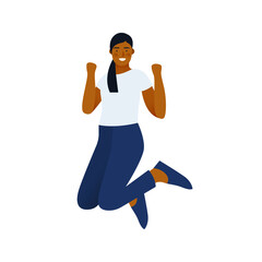 Happy Business Employee Woman Jumping in the Air Cheerfully. Modern Flat Vector Illustration. Feeling and Emotion Social Media Concept.