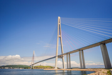 Fototapeta na wymiar Cable-stayed bridge to Russian Island. Vladivostok. Russia. Vladivostok is the largest port on Russia's Pacific coast and the center of APEC Forum