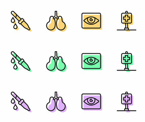 Set line Red eye effect, Pipette, Lungs and Location hospital icon. Vector